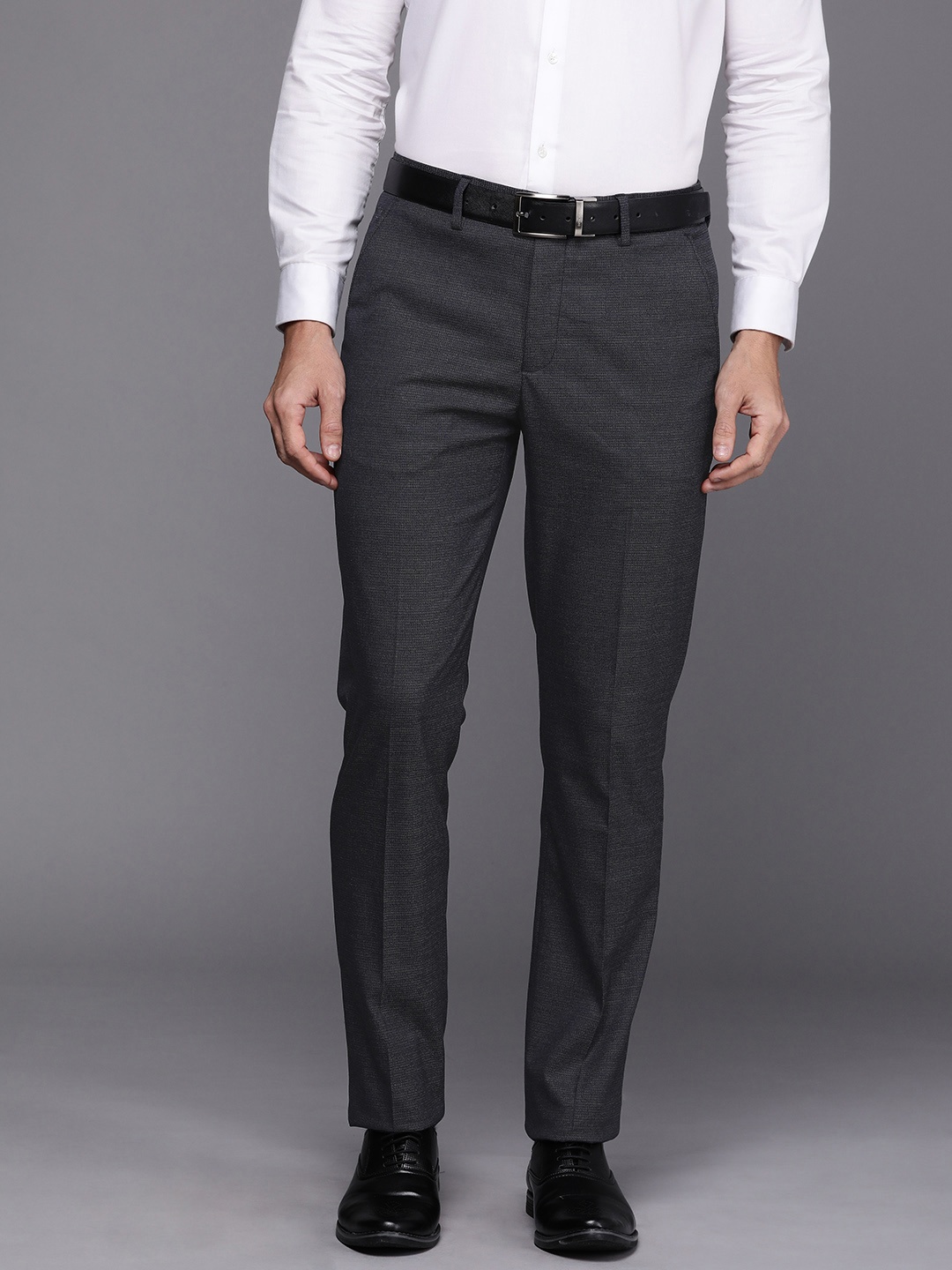 

Louis Philippe Men Navy Blue Self-Design Slim Fit Formal Trousers