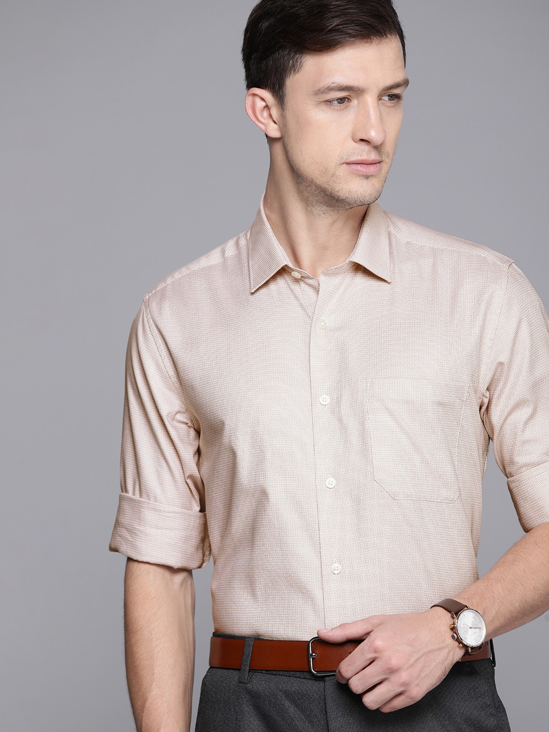 

Louis Philippe Men Beige Slim Fit Self Design Cotton Opaque Formal Shirt