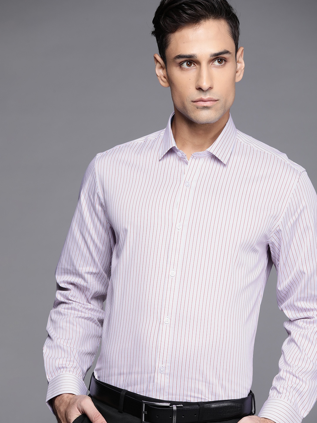 

Louis Philippe Men White & Pink Pure Cotton Slim Fit Striped Formal Shirt