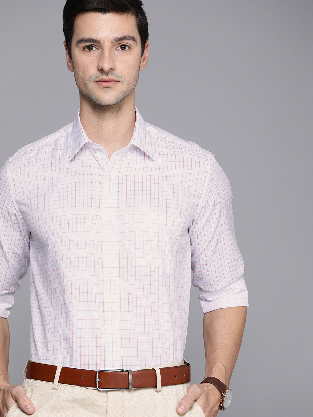 

Louis Philippe Men White Slim Fit Grid Tattersall Checks Opaque Pure Cotton Formal Shirt