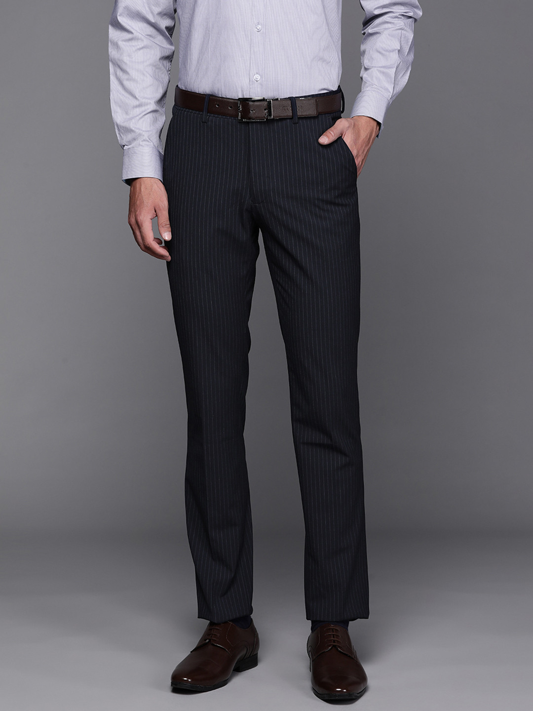 

Louis Philippe Men Navy Blue Striped Ultrapress Slim Fit Low-Rise Formal Trousers