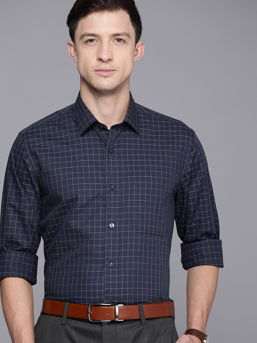 

Louis Philippe Men Navy Blue Slim Fit Checked Opaque Pure Cotton Formal Shirt