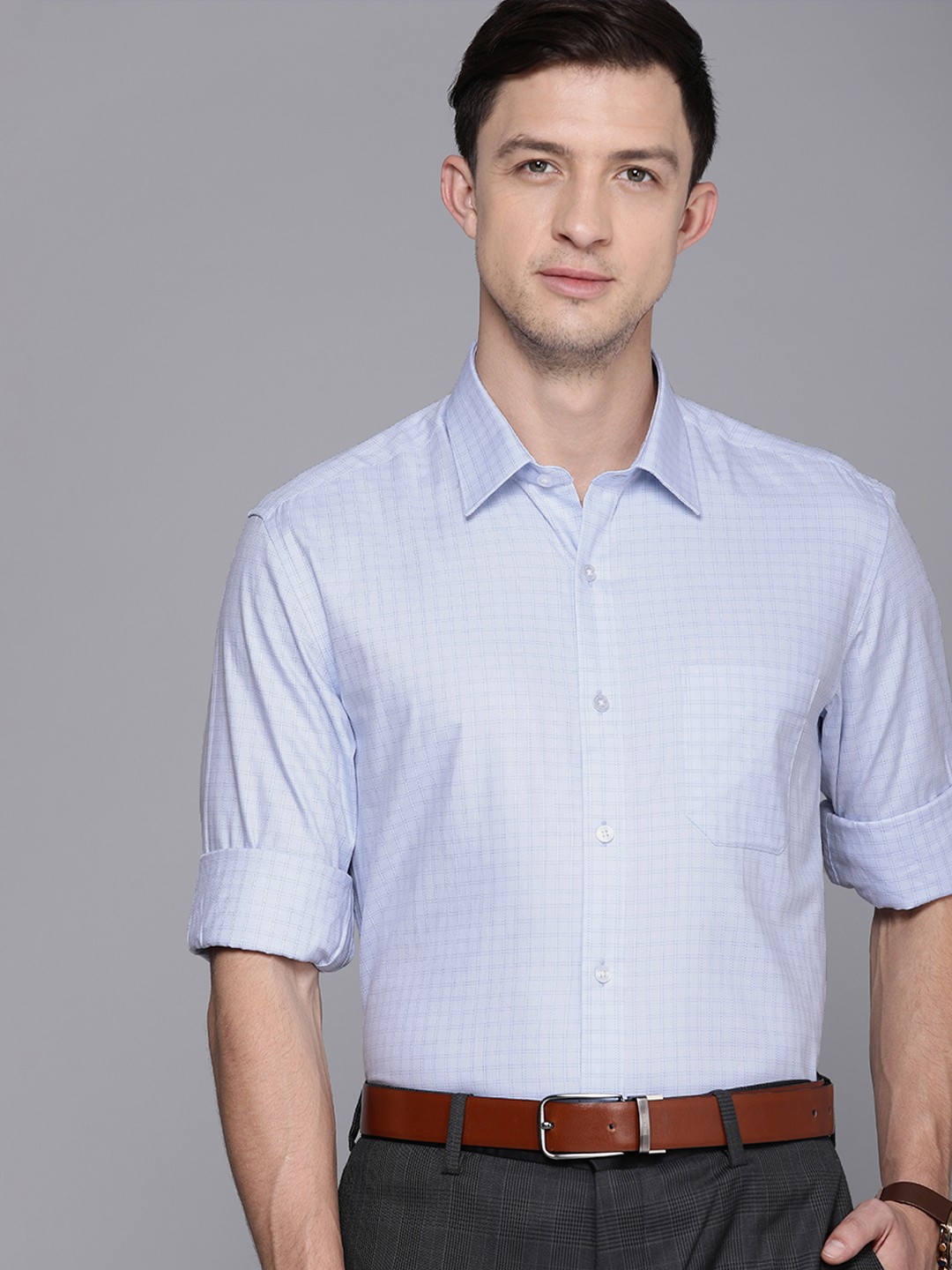 

Louis Philippe Men Blue Slim Fit Grid Tattersall Checks Opaque Pure Cotton Formal Shirt