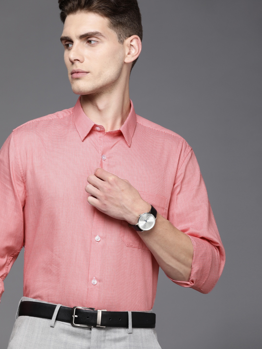 

Louis Philippe Men Red Self-Design Slim Fit Pure Cotton Formal Shirt