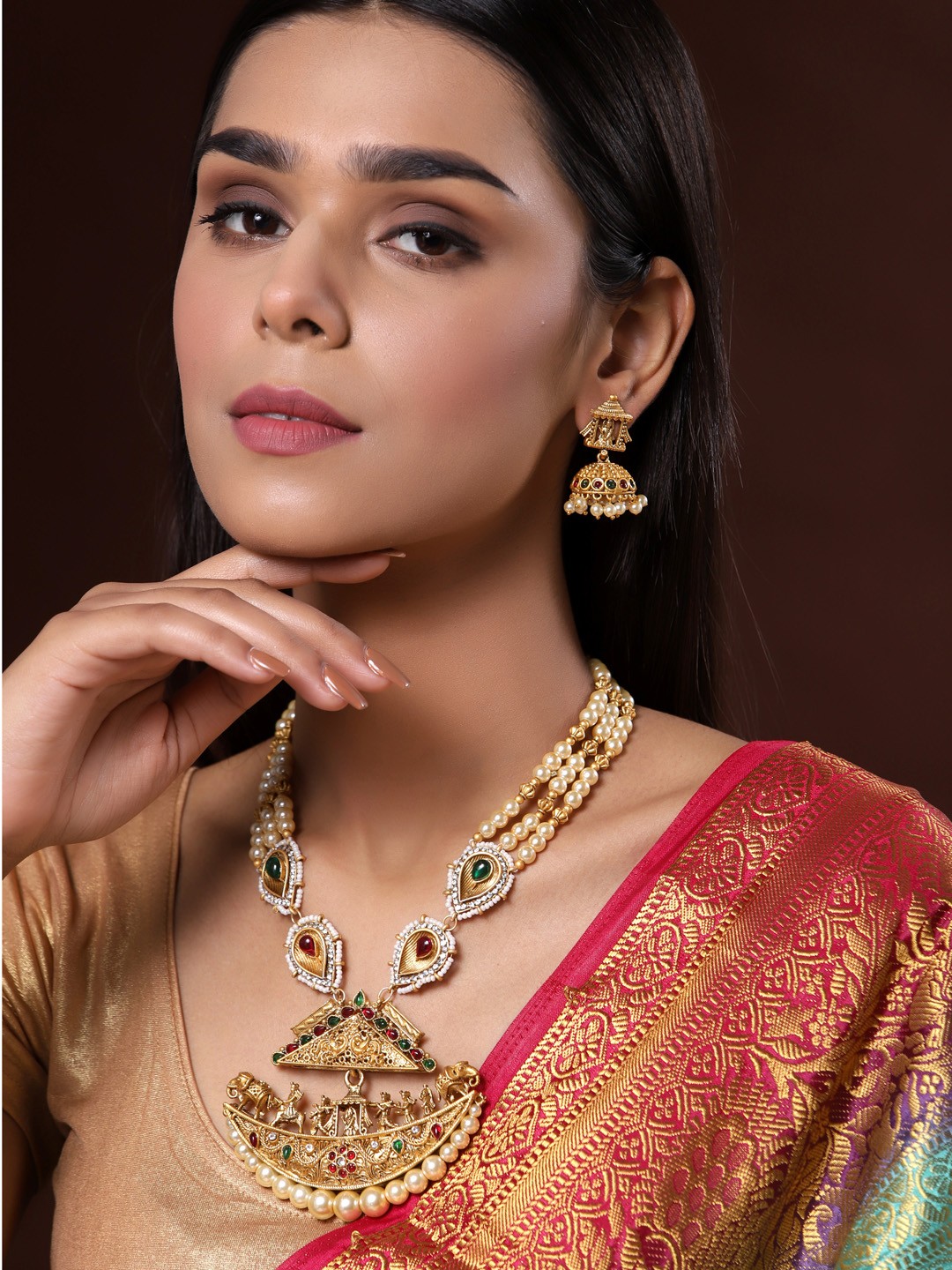 

PANASH Gold-Plated Pink & White Stone-Studded & Beaded Handcrafted Jewellery Set