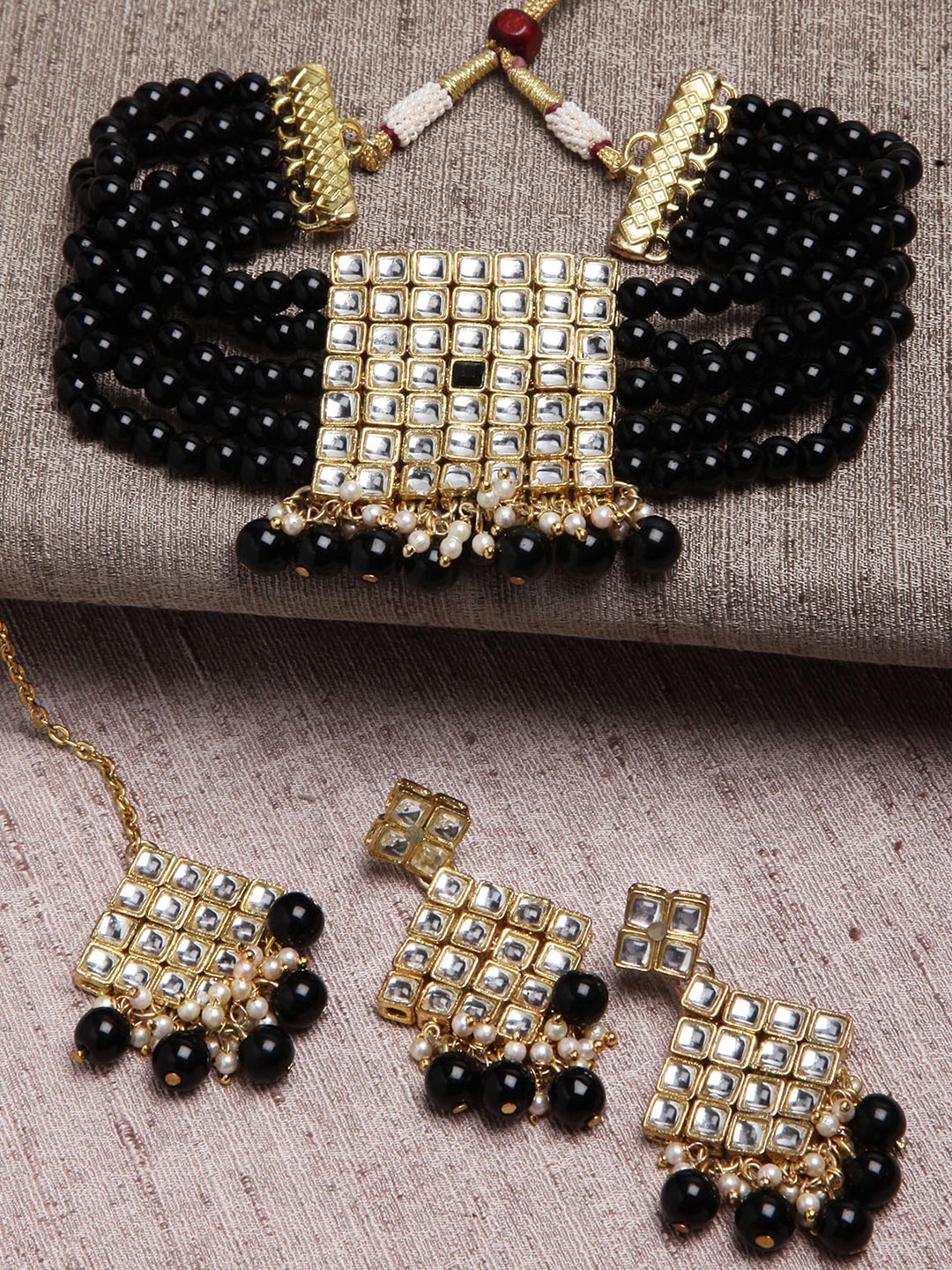 

KARATCART Gold-Plated Black Kundan-Studded Handcrafted Jewellery Set