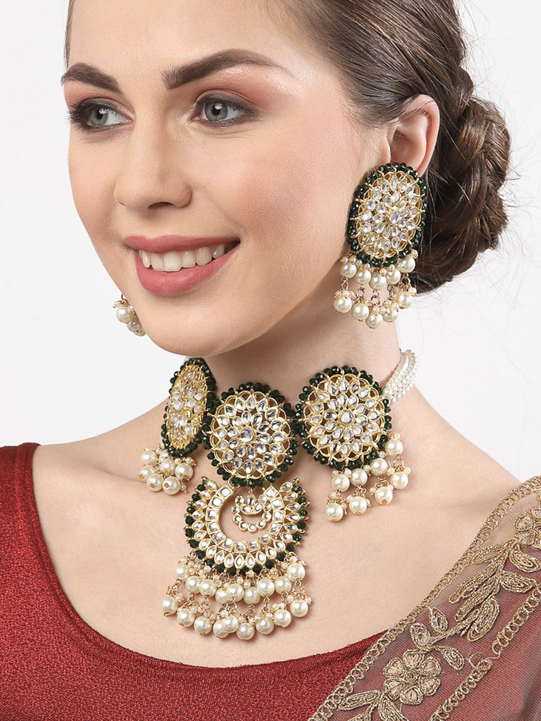 

KARATCART Gold-Plated White Kundan-Studded Green Beaded Handcrafted Jewellery Set