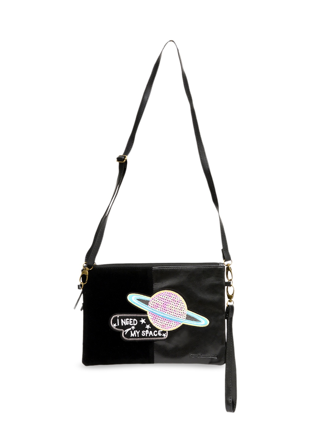 

Pink Potato Black Printed Structured Leatherette Sling Bag