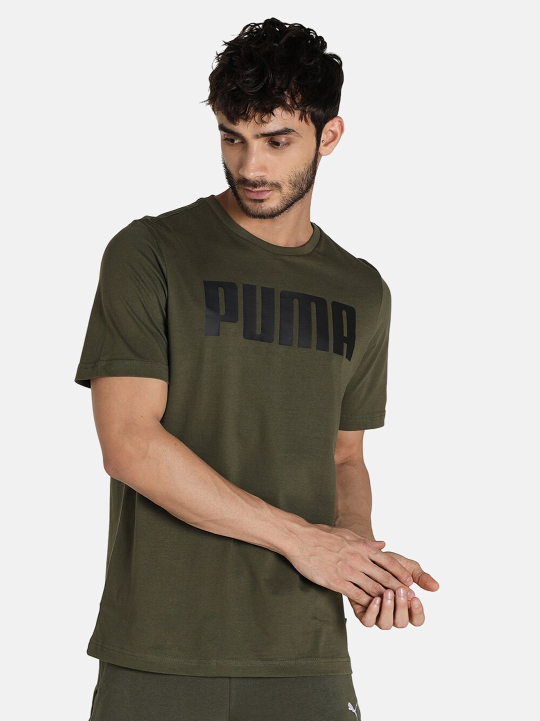 

Puma Men Olive Green Brand Logo Printed T-shirt