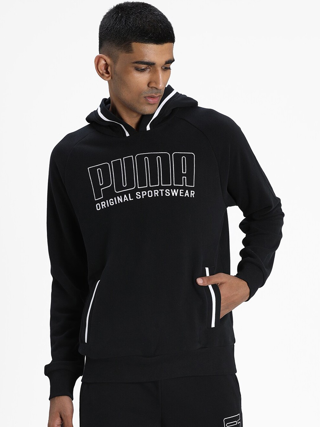 

Puma Men Black Embroidered Logo Athletics Hoodie