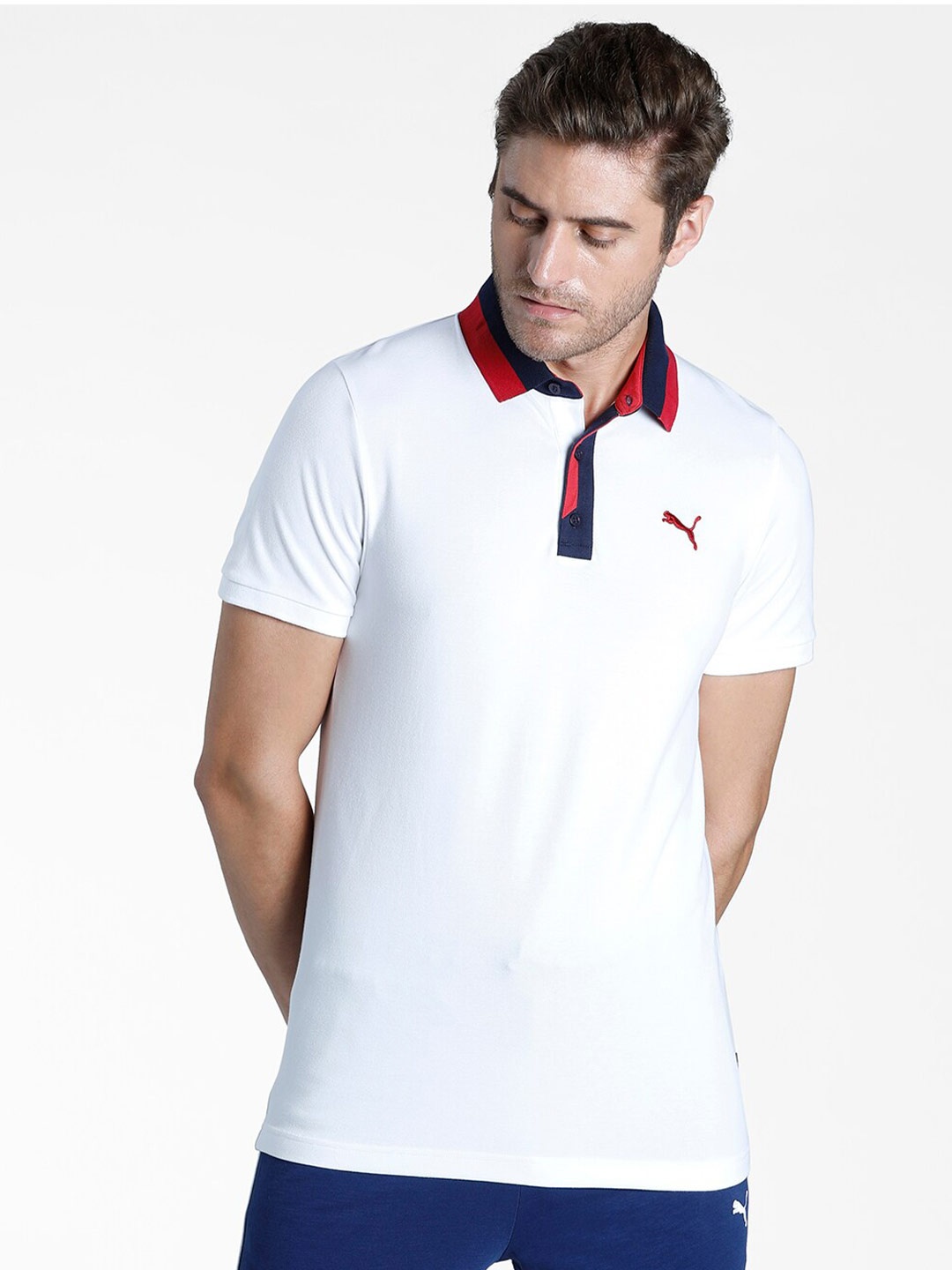 

Puma Men White & Blue Colourblocked Polo Collar T-shirt