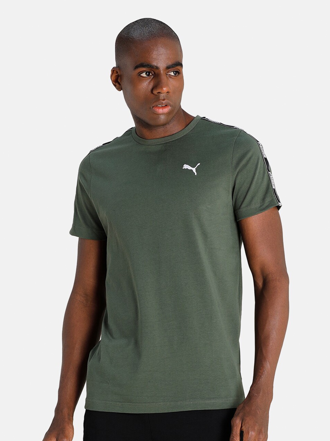 

Puma Men Green Brand Logo Slim Fit Tape T-shirt