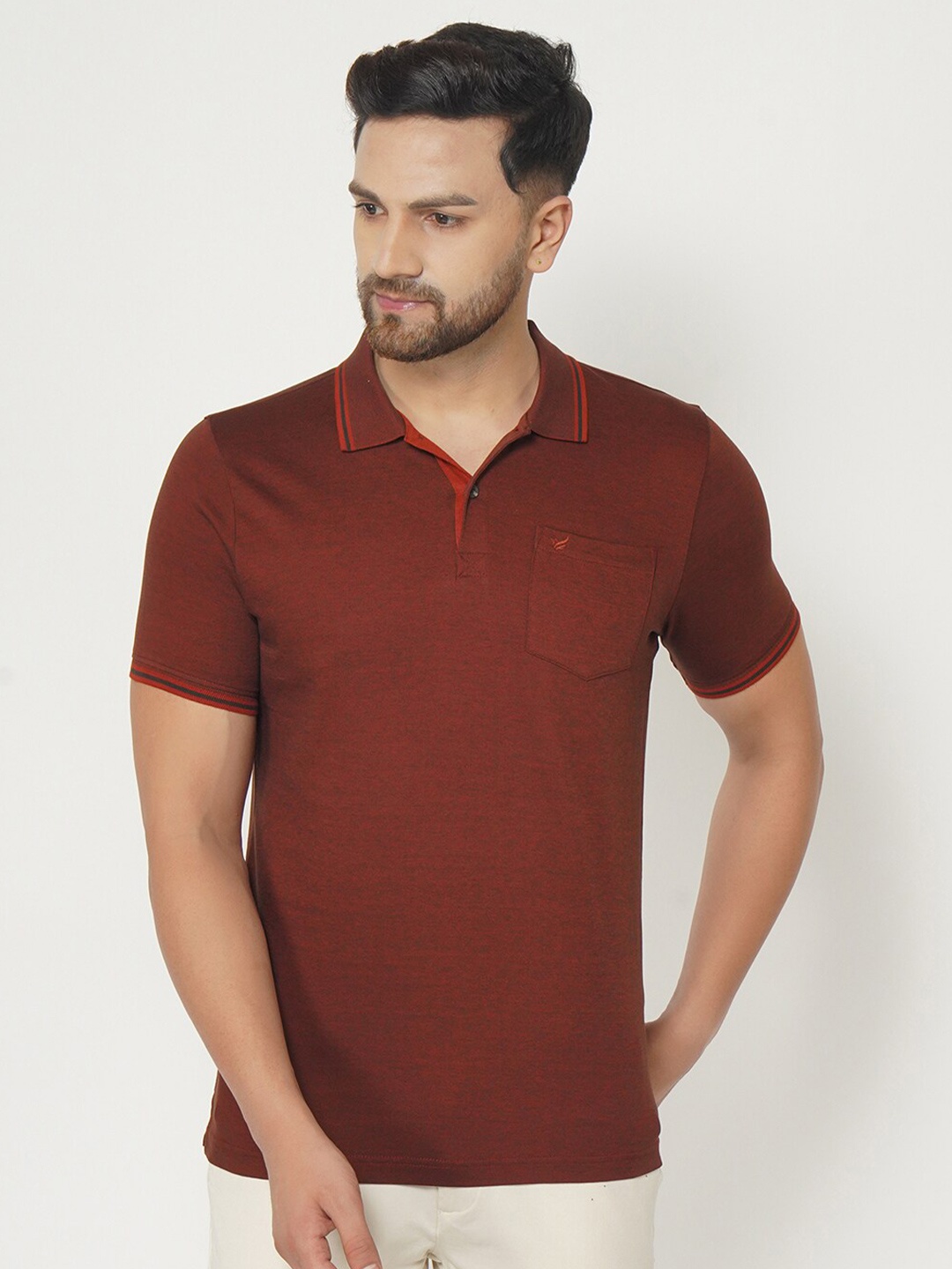 

Blackberrys Men Rust Solid Polo Collar Slim Fit Pure Cotton T-shirt