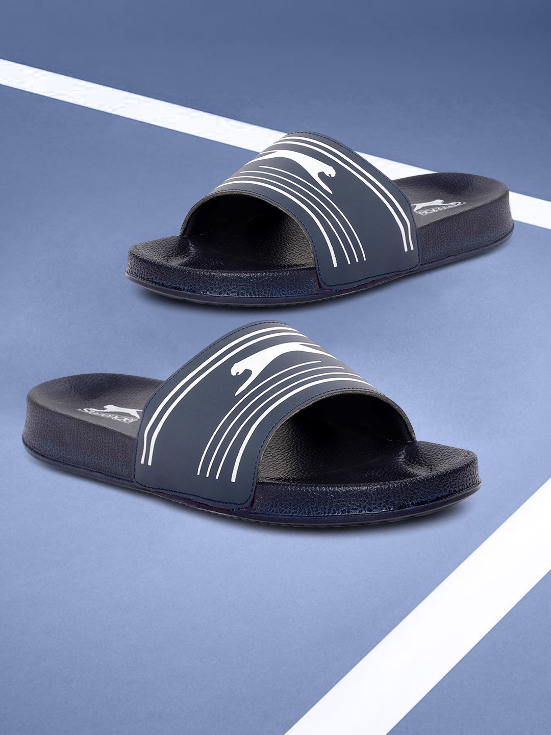 

Slazenger Men Navy Blue & White Brand Logo Print Sliders