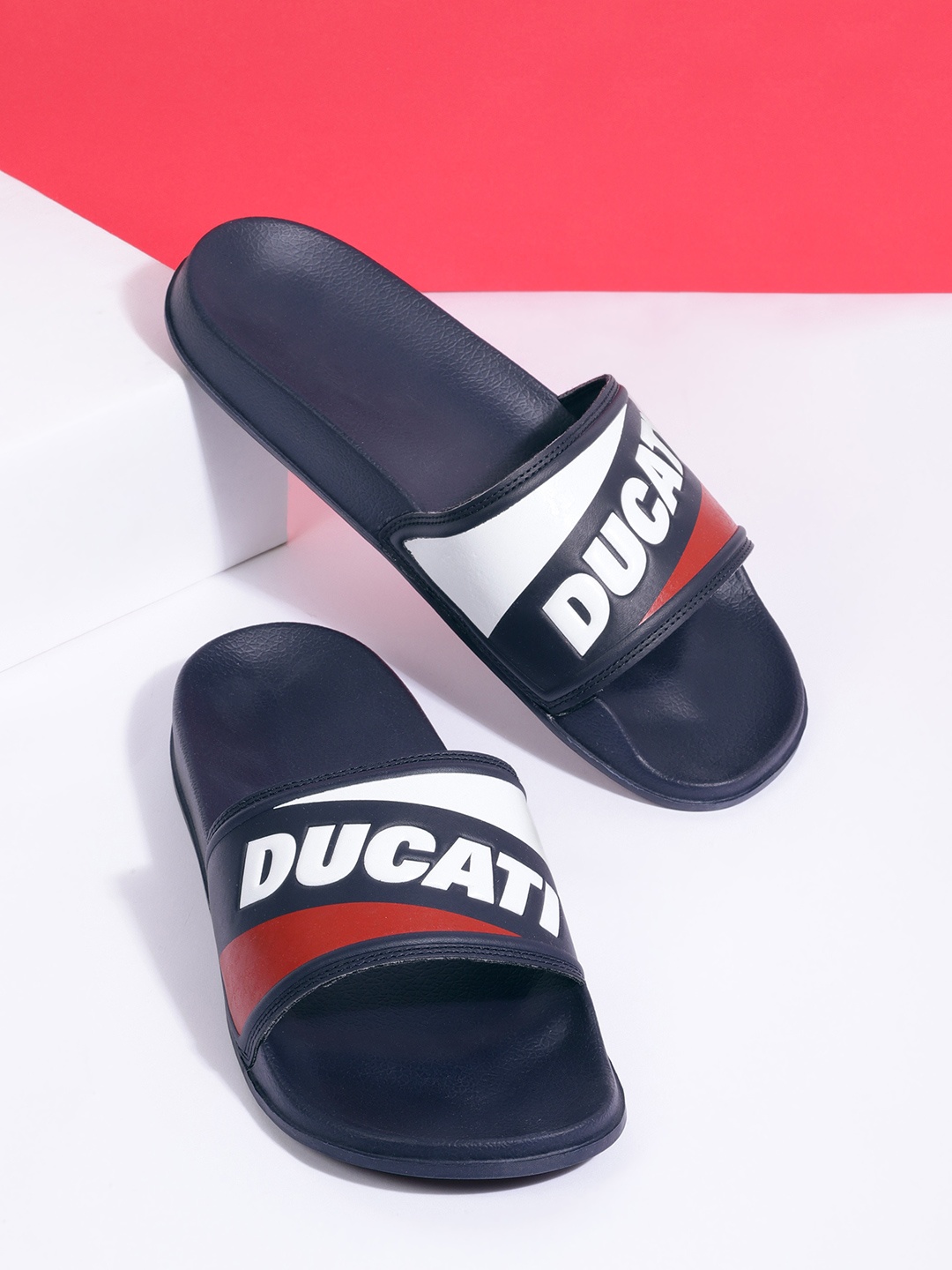 

Ducati Men Navy Blue & White Brand Logo Embossed Sliders