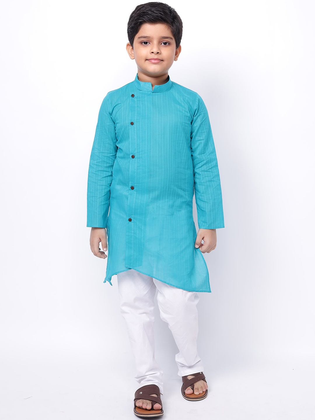 

NAMASKAR Boys Blue Angrakha Solid Pure Cotton Kurta with Churidar