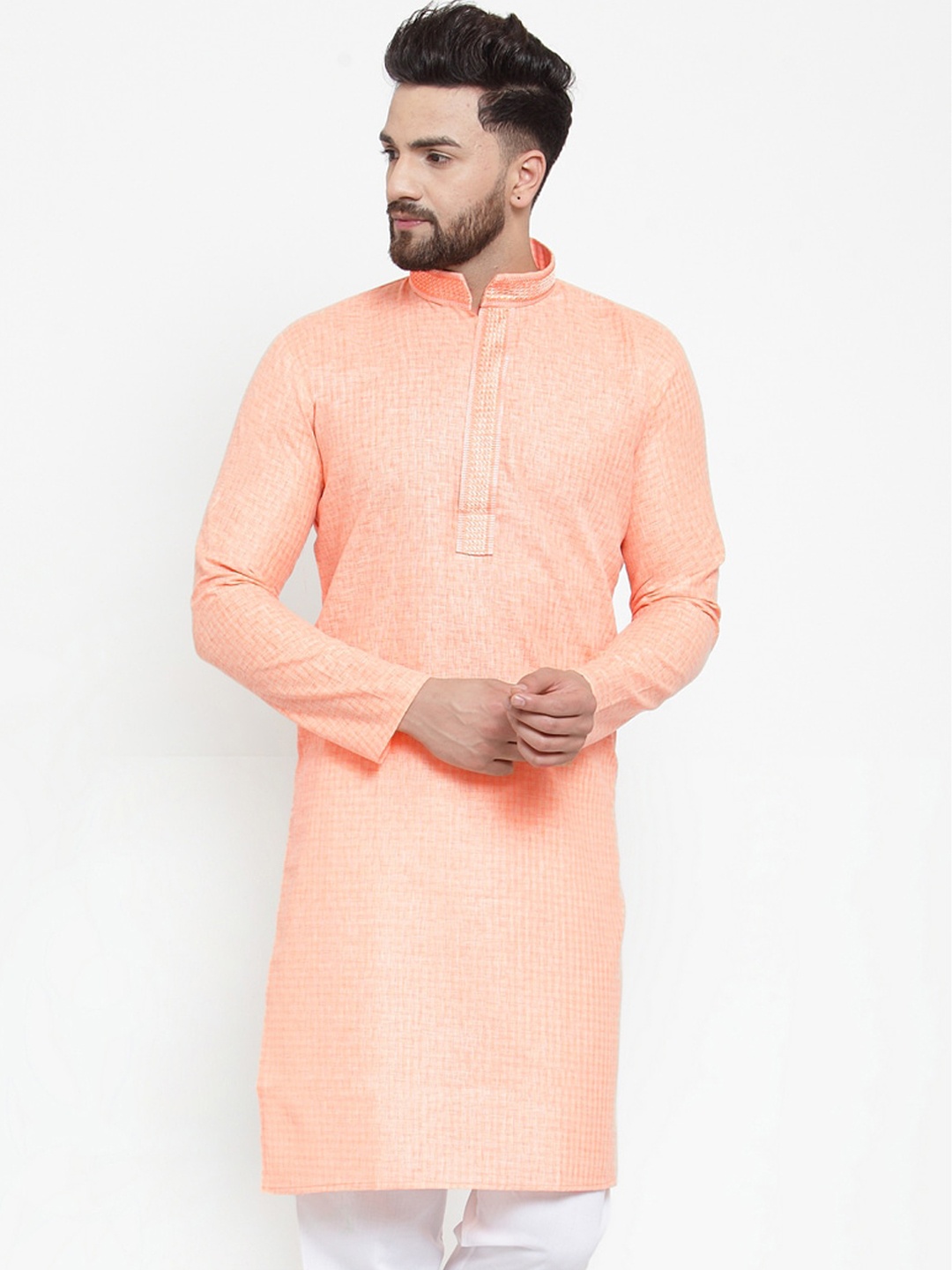 

Jompers Men Peach-Coloured Woven Design Straight Kurta