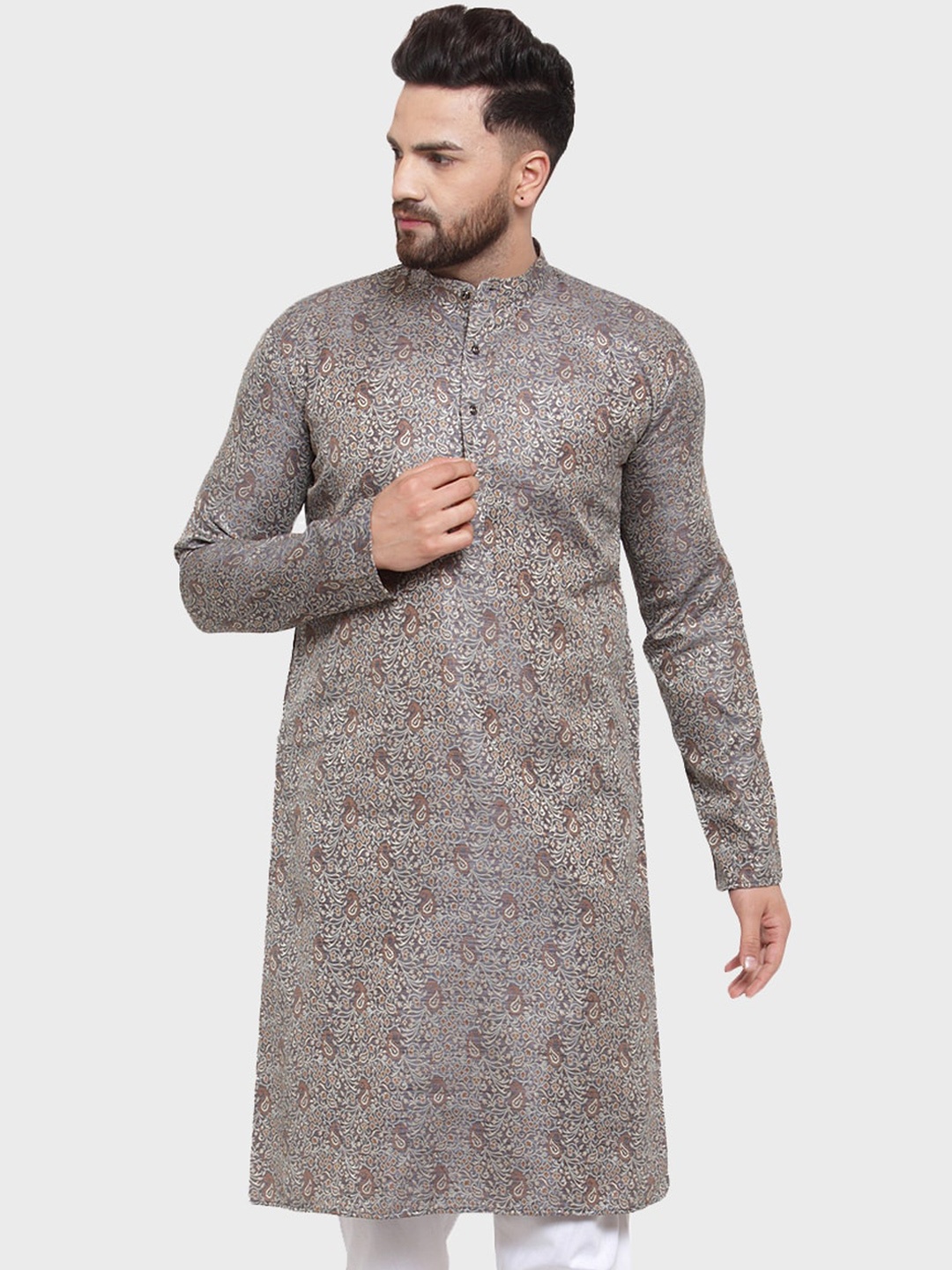 

Jompers Men Grey Paisley Woven Design Straight Kurta