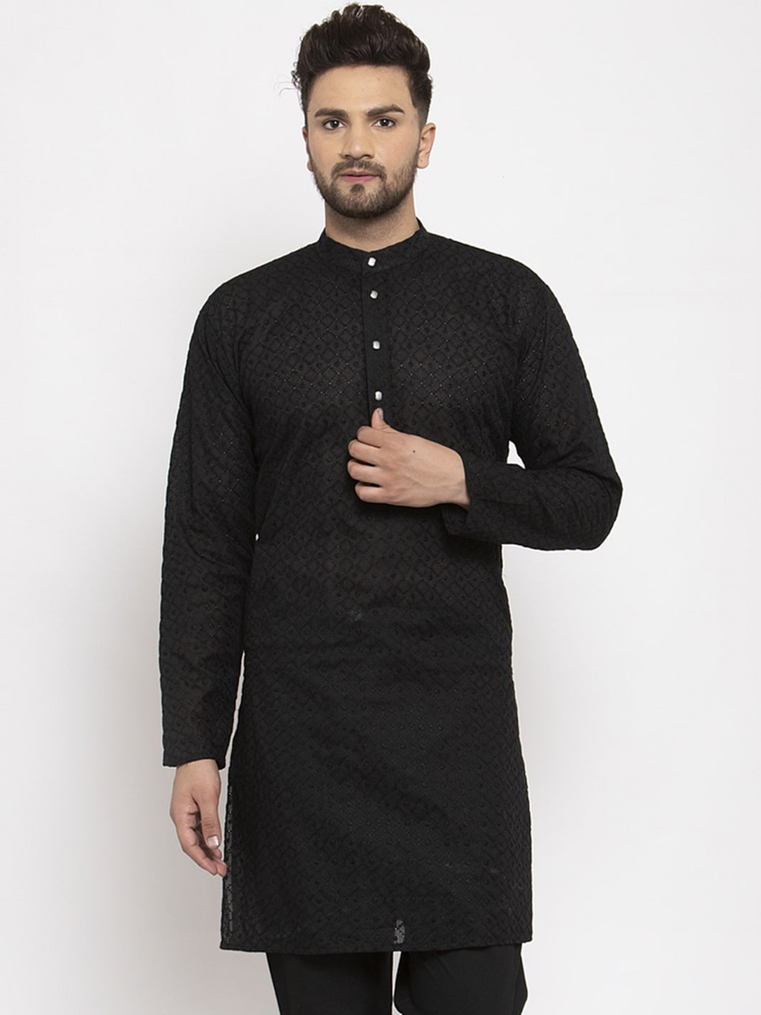 

Jompers Men Black Embroidered Thread Work Kurta