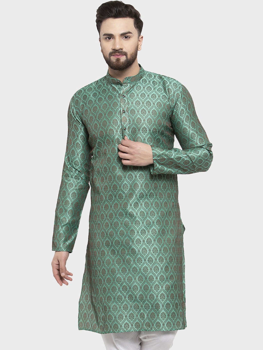 

Jompers Men Green & Brown Ethnic Motifs Thread Work Kurta