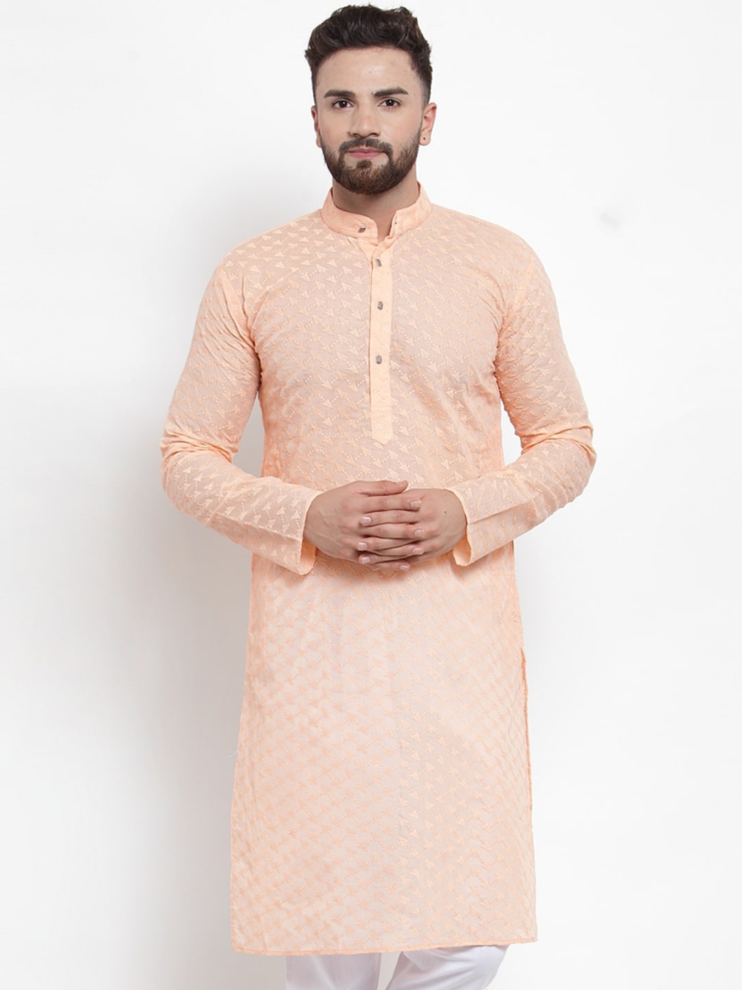 

Jompers Men Orange Geometric Embroidered Thread Work Kurta