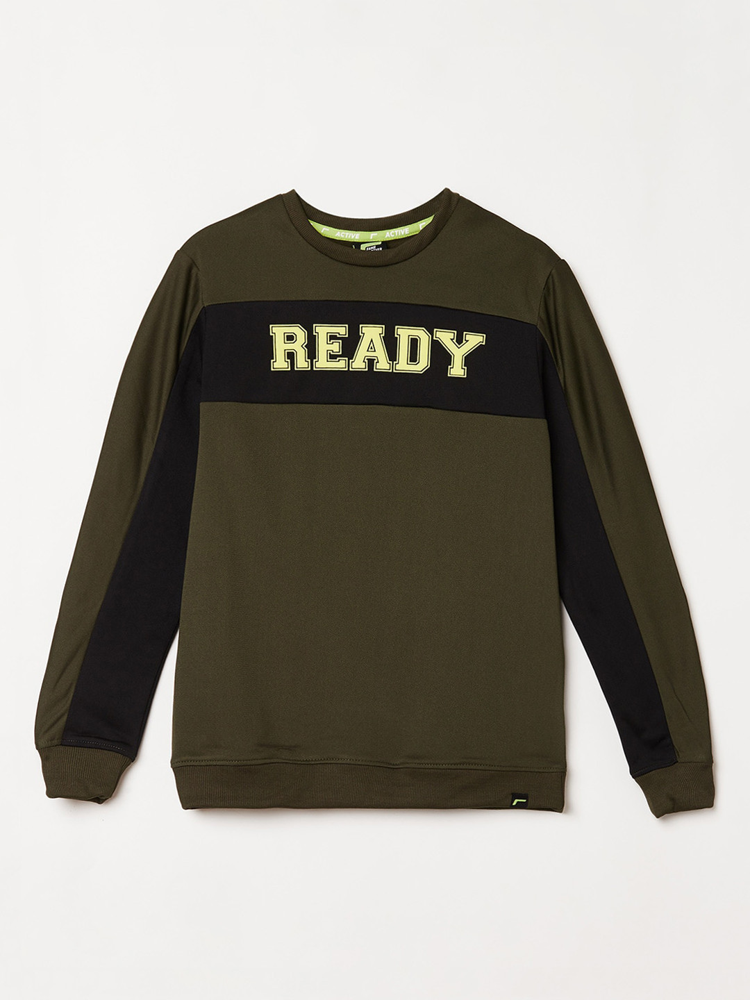 

Fame Forever Active Boys Olive Green Colourblocked Printed Sweatshirt