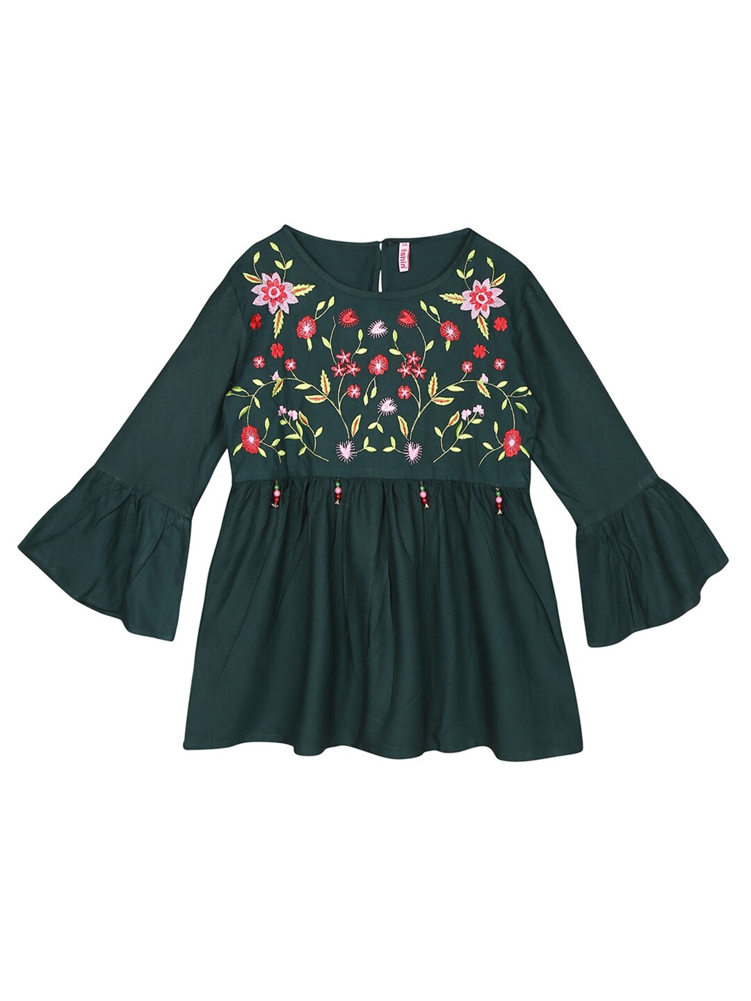 

Ishin Girls Green Floral Embroidered Cinched Waist Top