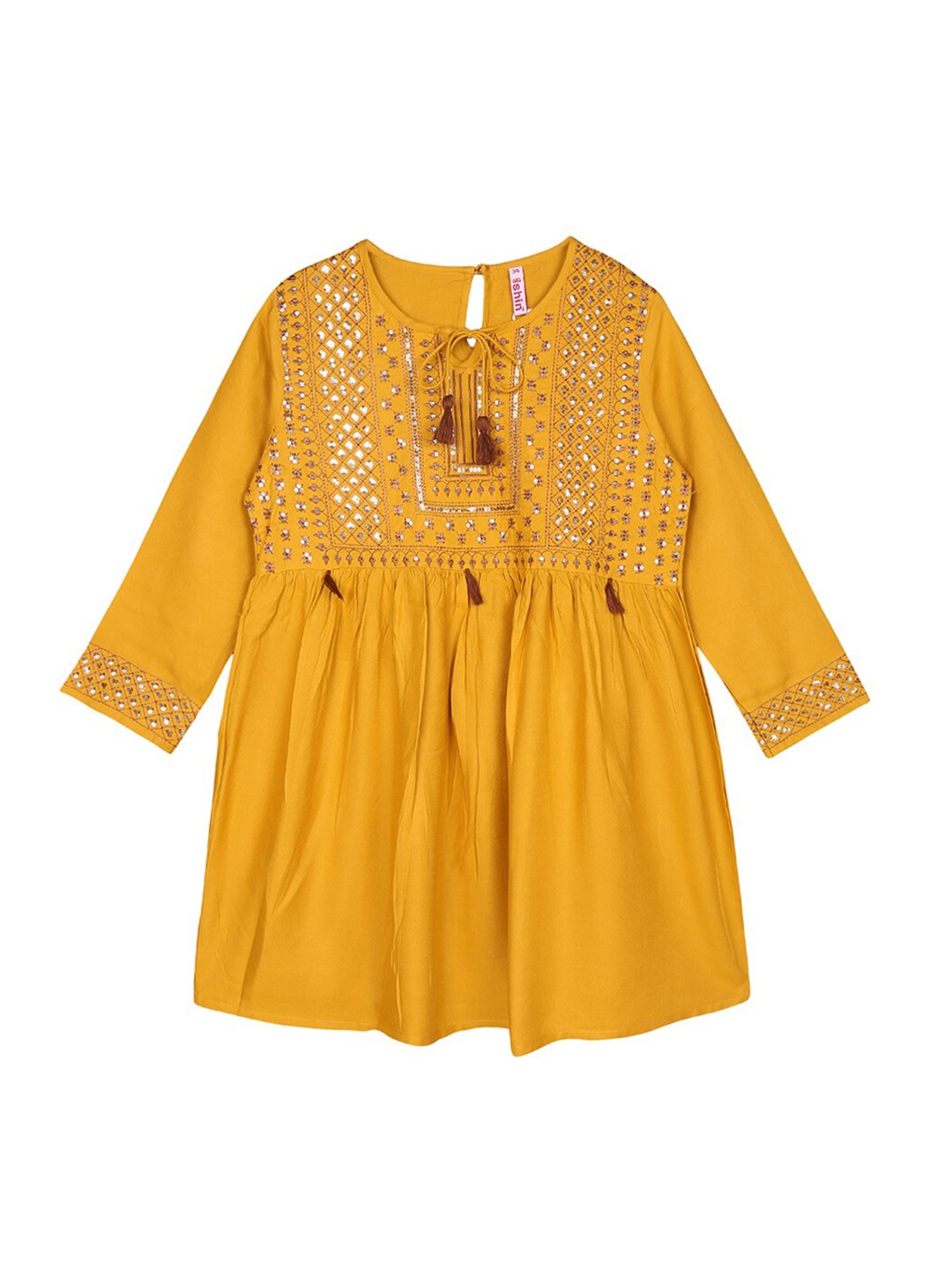 

Ishin Mustard Yellow & Pink Floral Tie-Up Neck A-Line Top