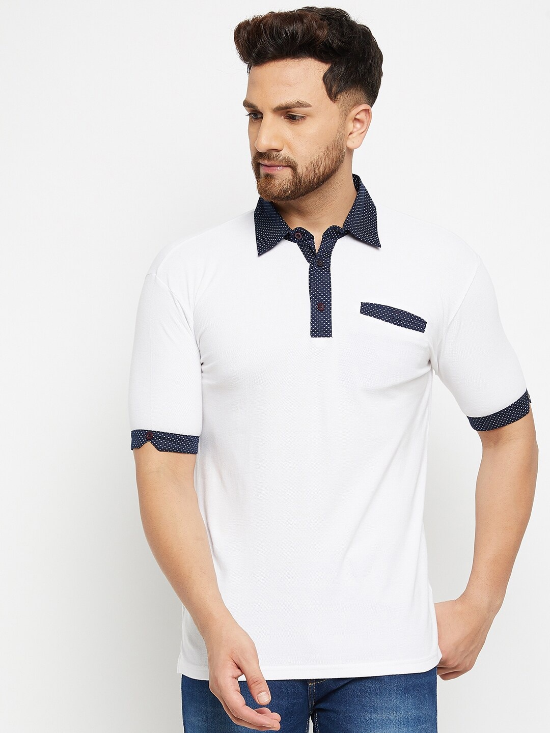 

Hypernation Men White Polo Collar T-shirt