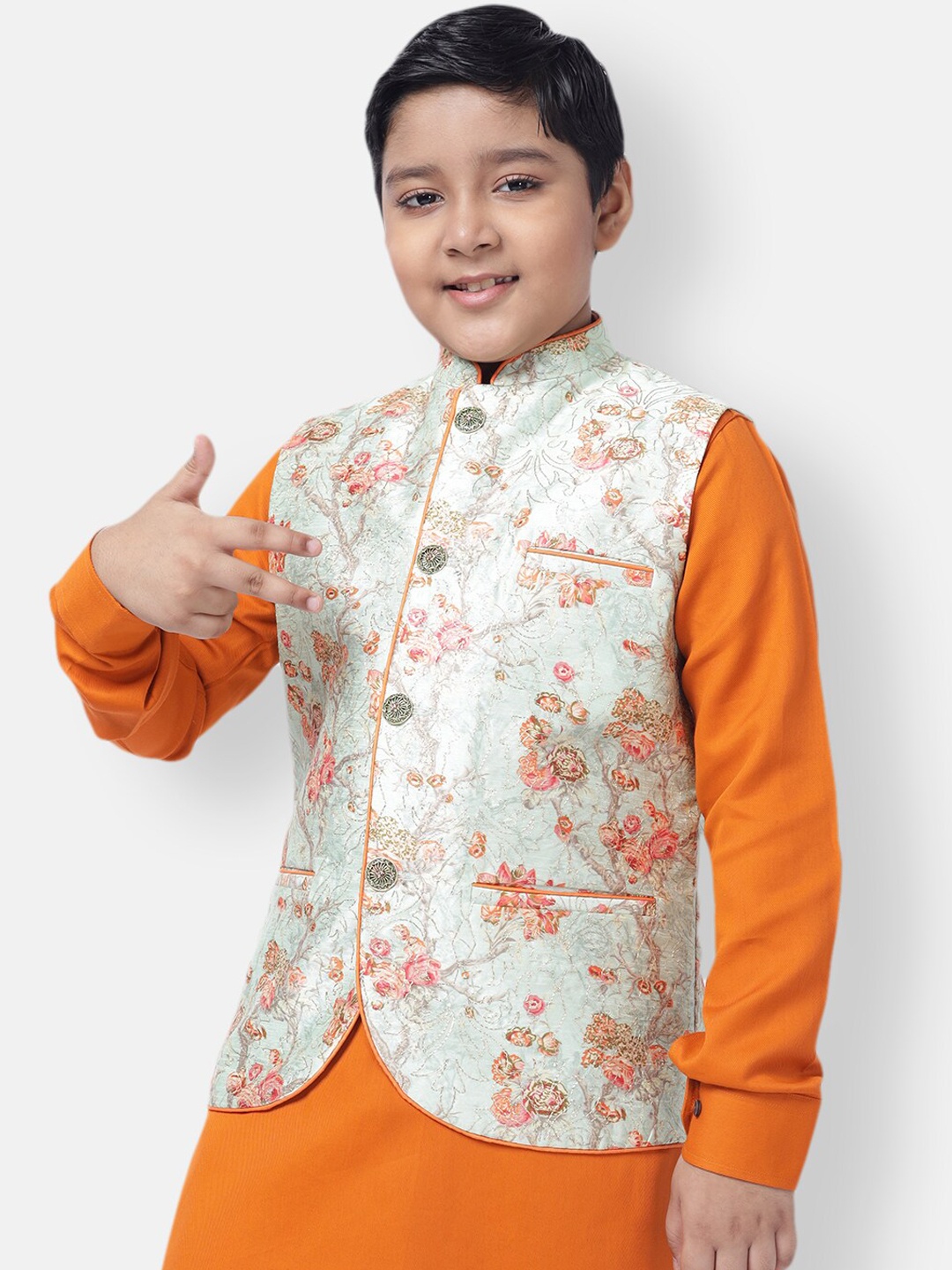 

NAMASKAR Boys Green Floral Printed Nehru Jacket