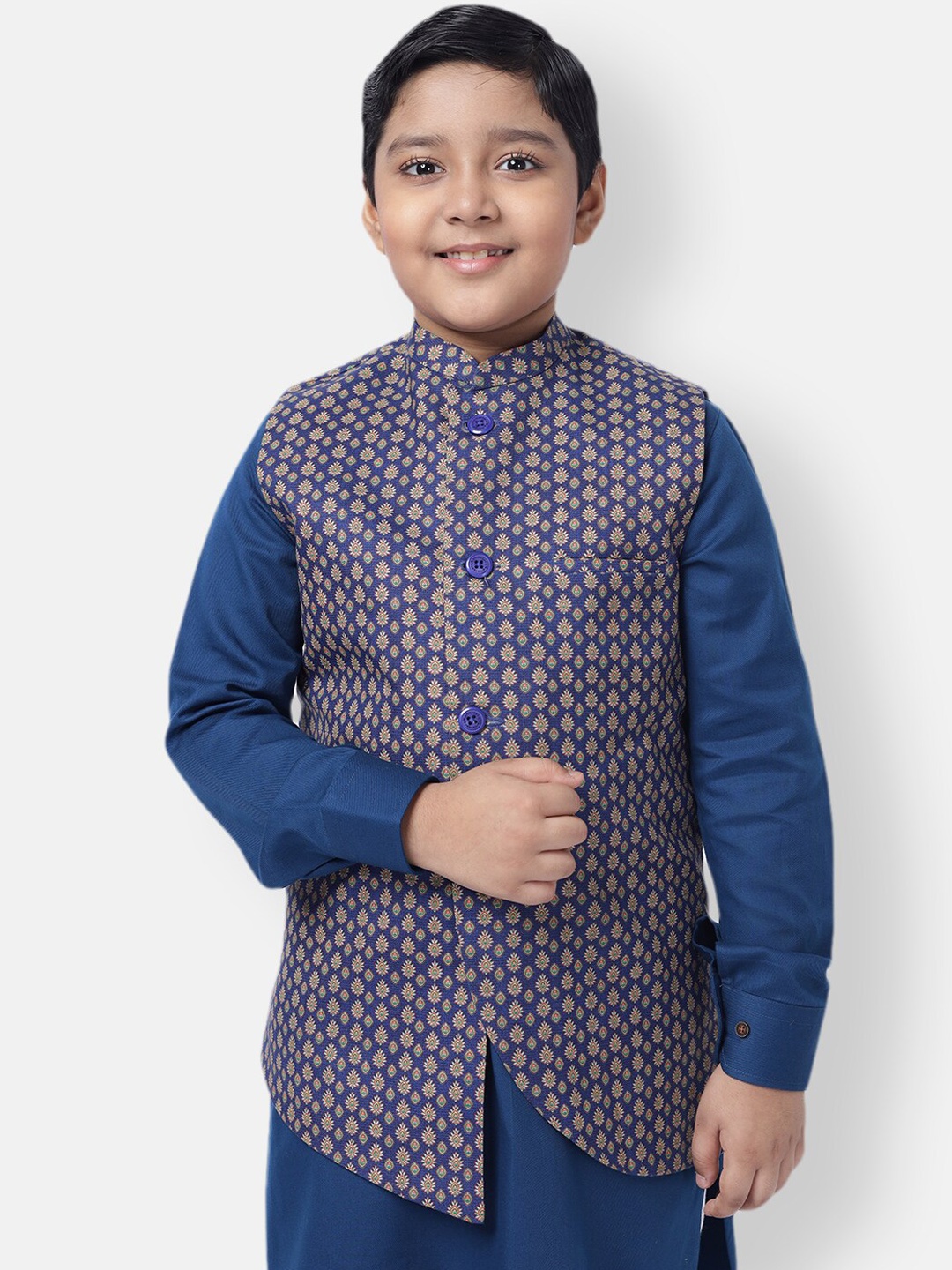 

NAMASKAR Boys Blue Printed Nehru Jacket