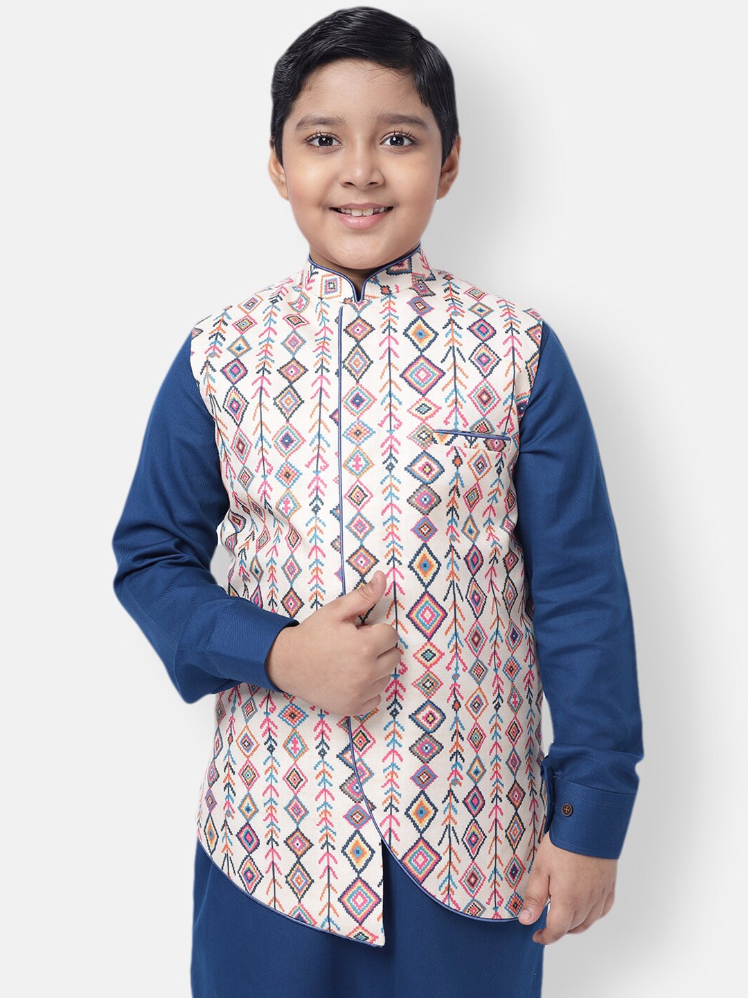 

NAMASKAR Boys Beige Printed Nehru Jacket