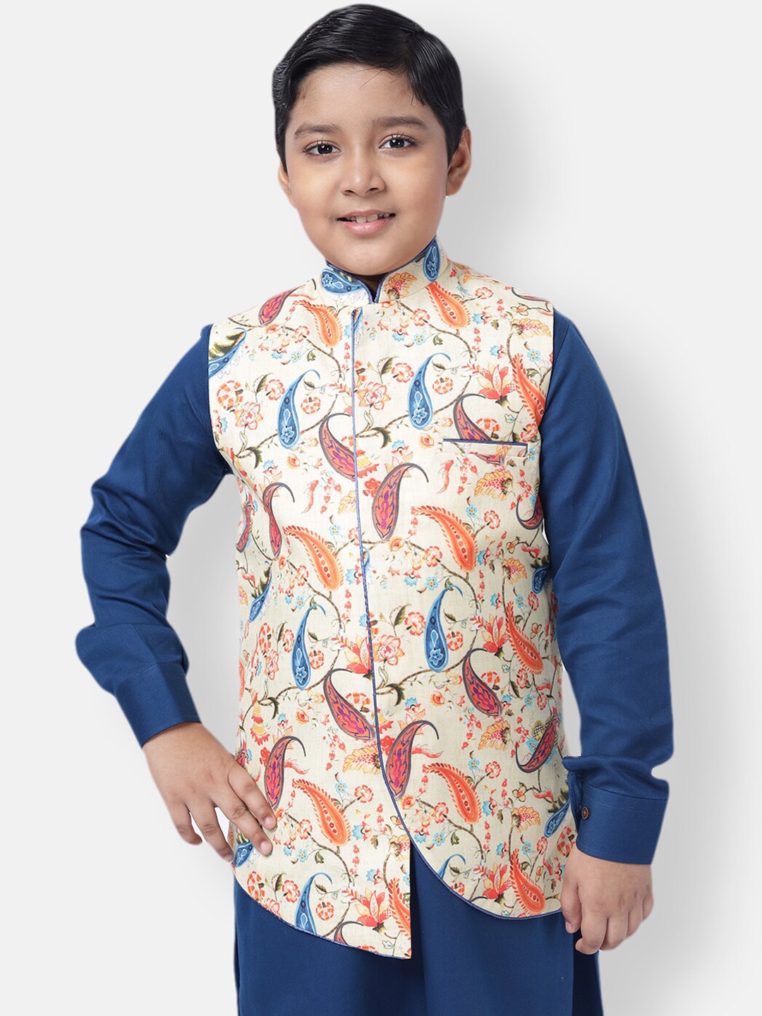 

NAMASKAR Boys Beige Printed Nehru Jacket