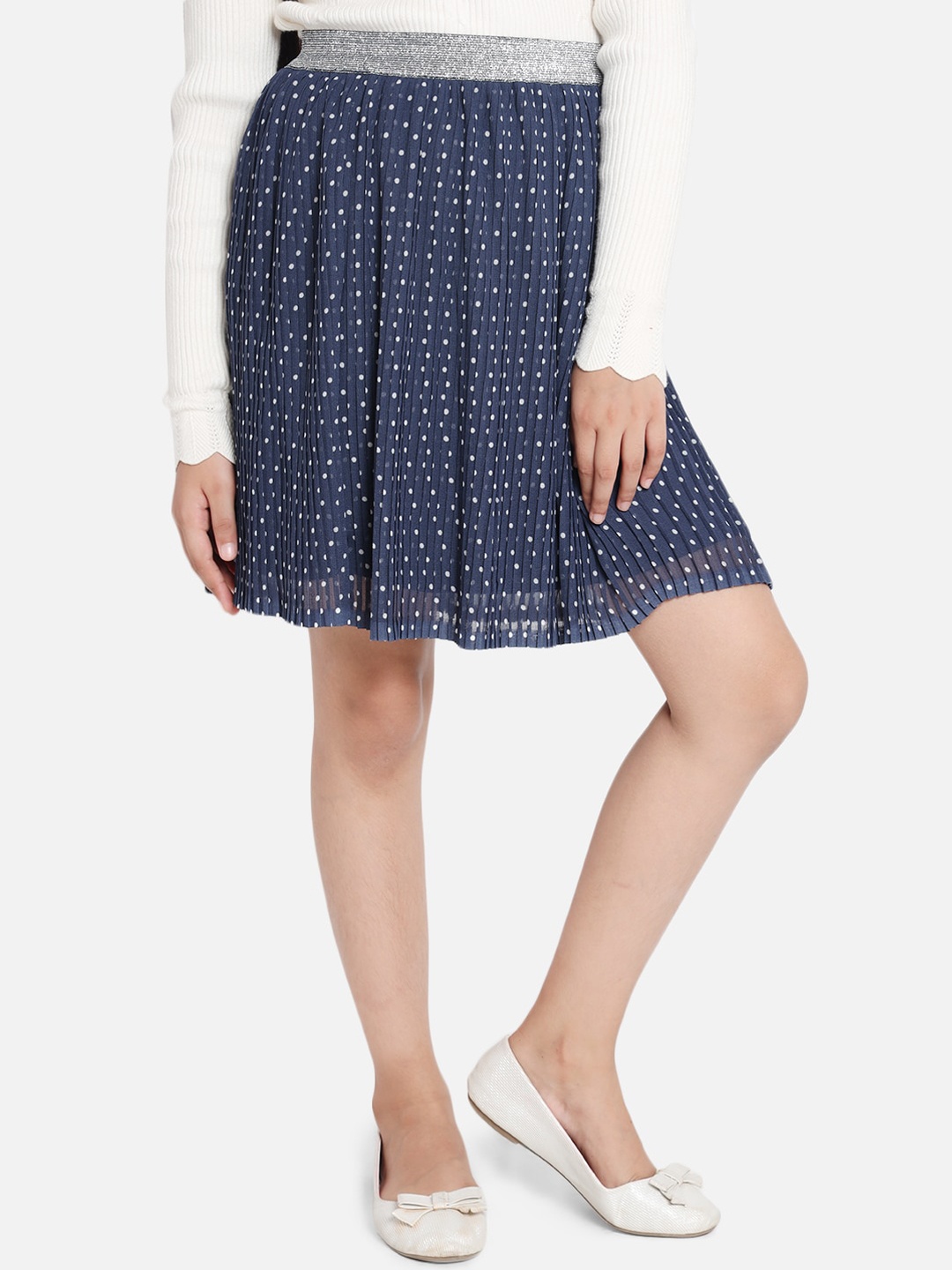 

Natilene Girls Navy Blue & White Polka Dot Printed Accordion Pleated Flare Above Knee-Length Skirt