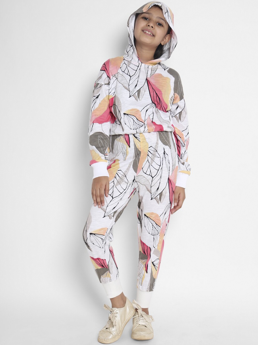 

Natilene Girls White & Pink Printed Pure Cotton Tracksuit