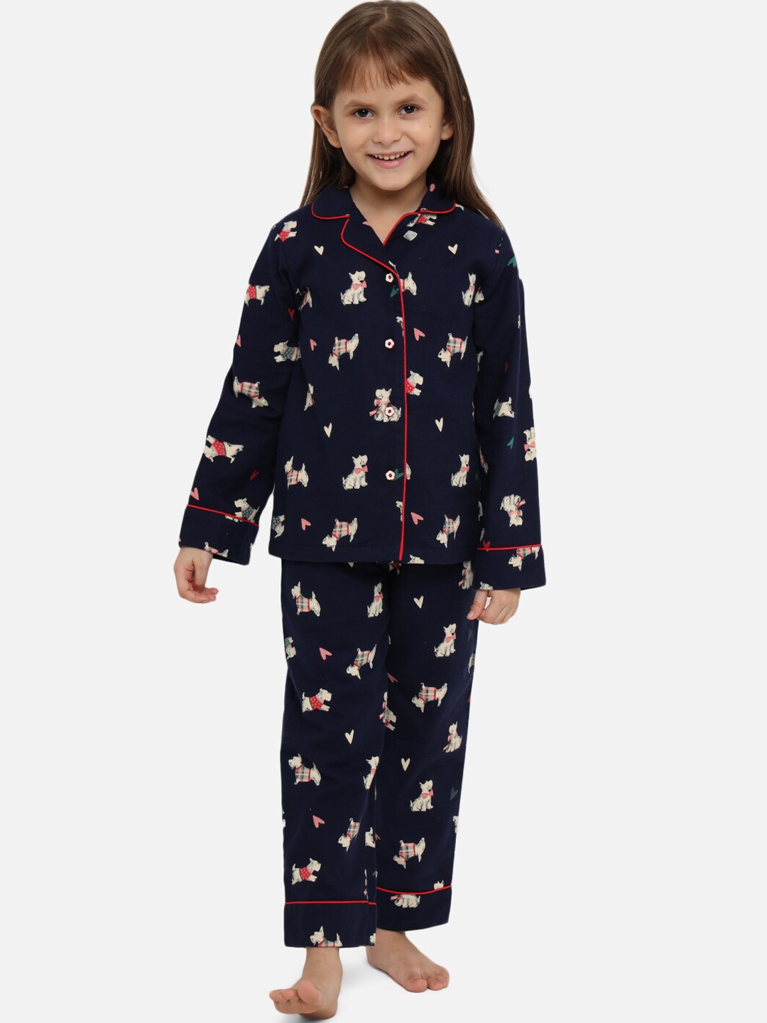 

Nauti Nati Girls Navy Blue & Pink Pure Cotton Printed Night suit