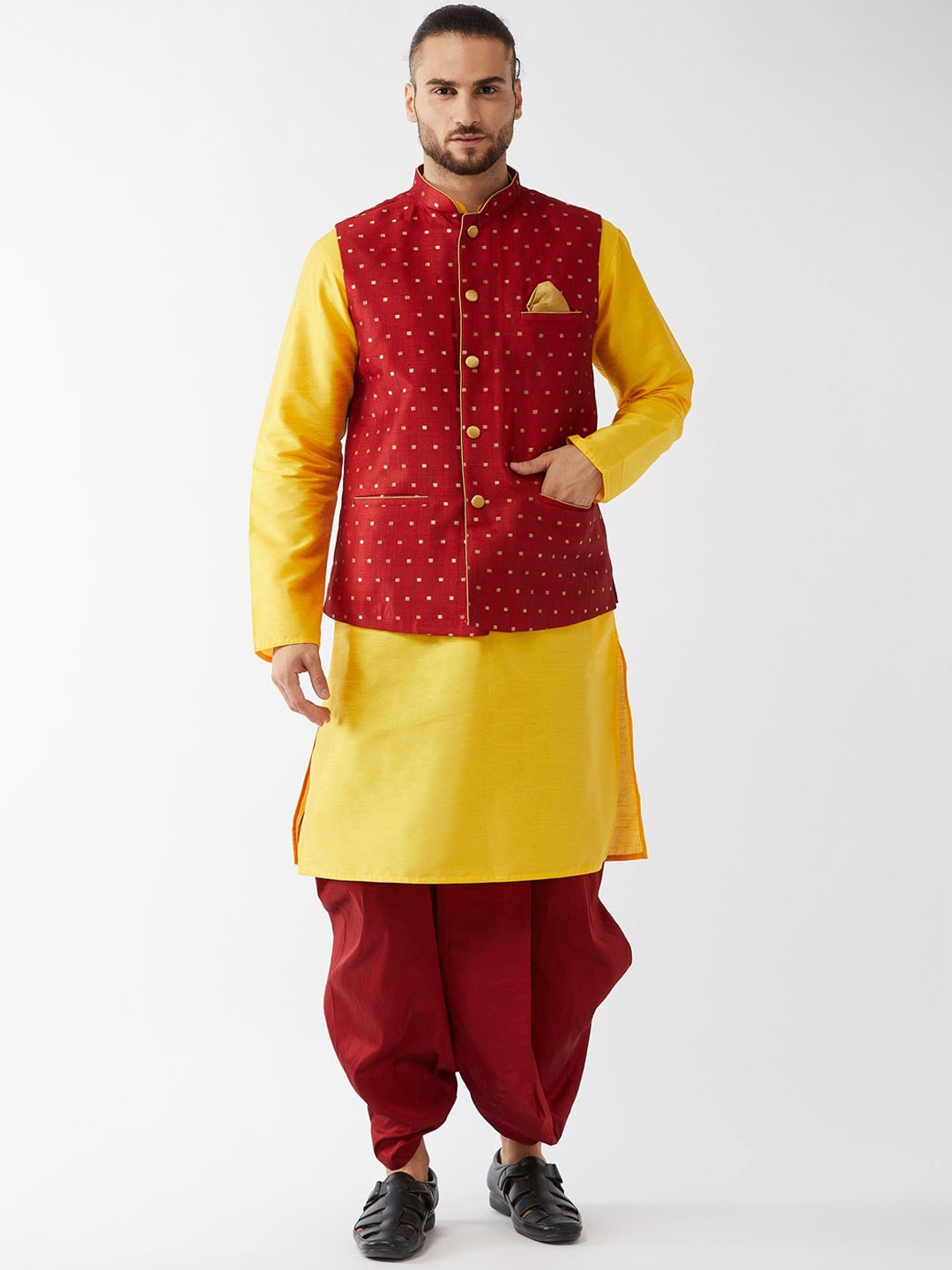 

VASTRAMAY Men Yellow Layered Kurta with Dhoti Pants & Jacket