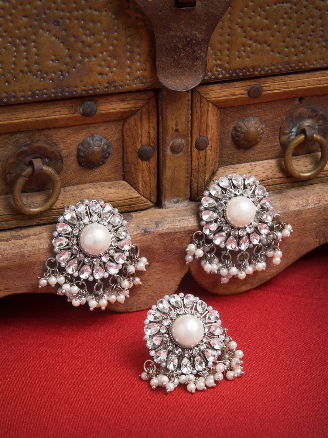 

PANASH Woman Silver-Toned AD Stones-Studded Adjustable Finger Ring With Drop Earrings