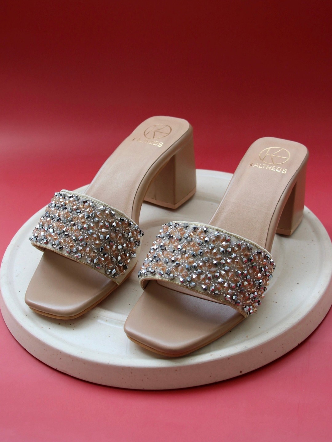 

KALTHEOS Beige Embellished Party Block Sandals