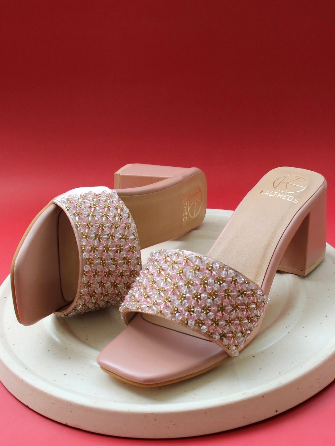 

KALTHEOS Pink Embellished Block Heels