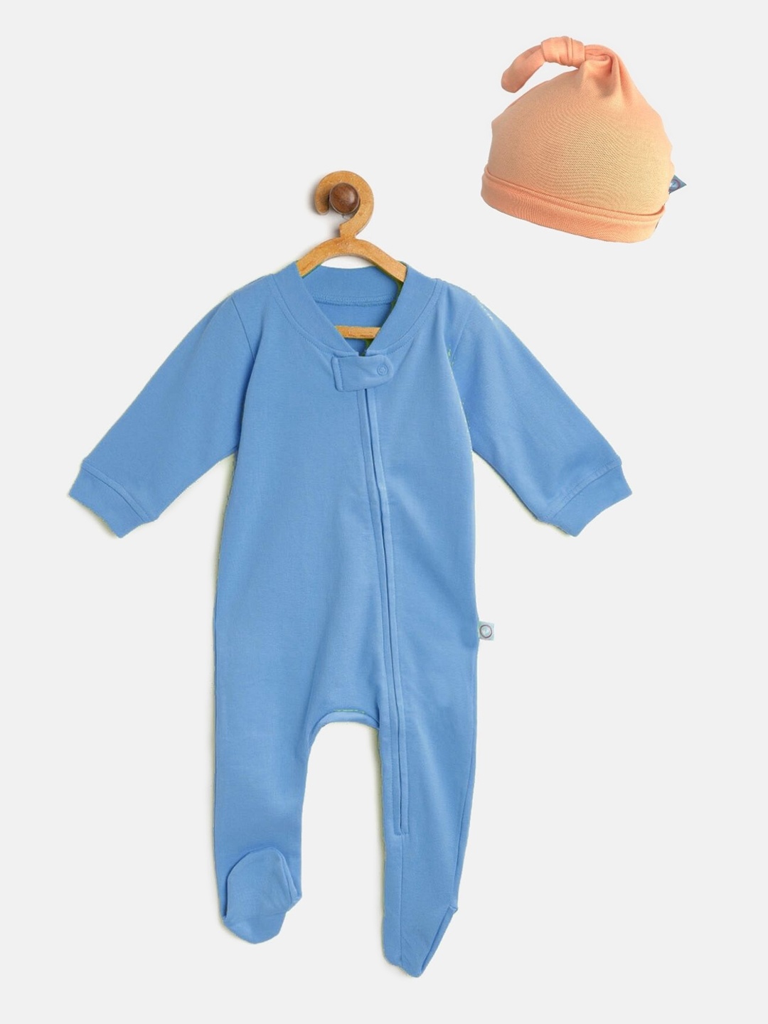 

cherrytoes Infant Kids Blue Solid Pure Cotton Sleep Suit With Beanie Cap