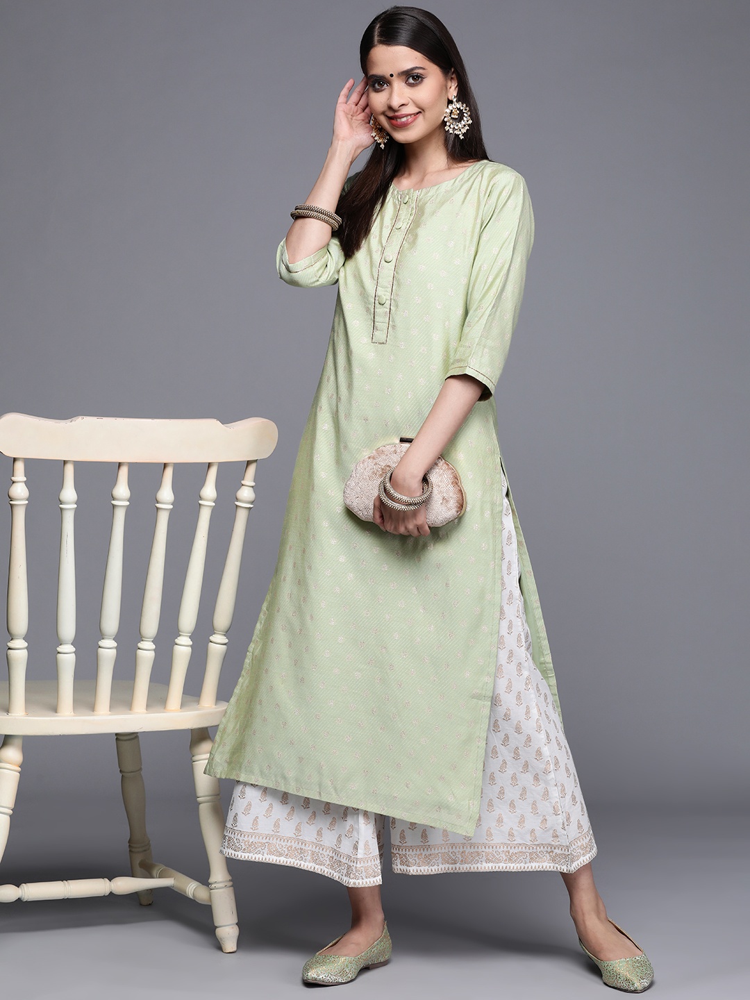 

Libas Women Green Self Design Chanderi Silk Kurta
