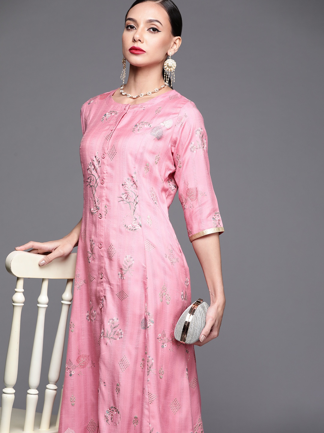 

Libas Women Pink & Golden Ethnic Motifs Printed A-line Kurta with Pocket