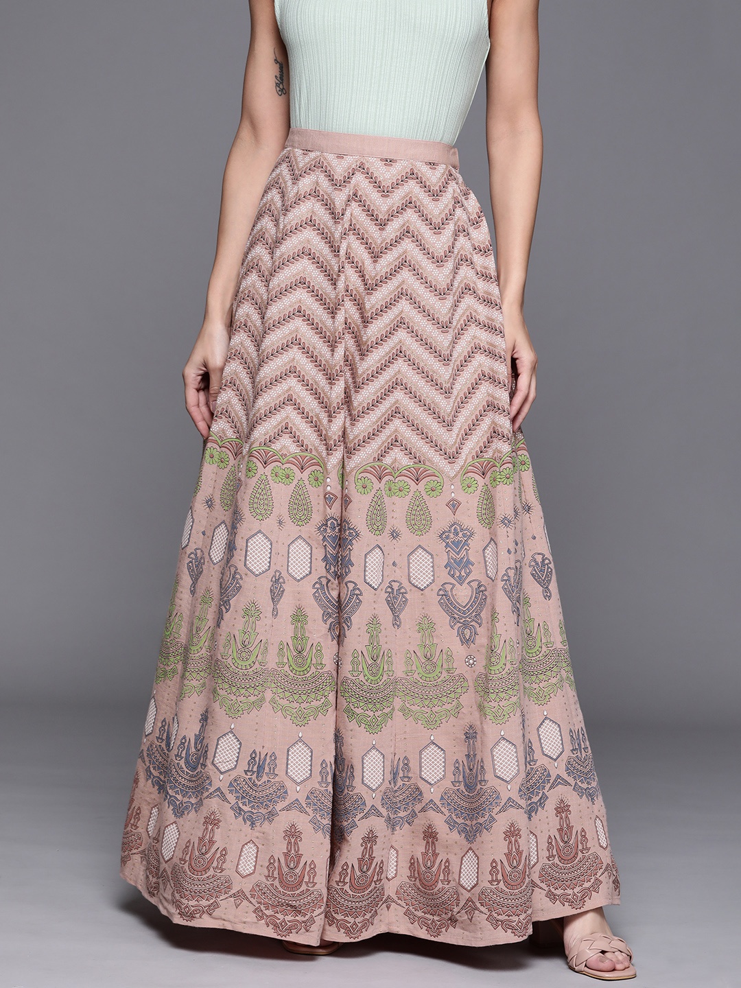

Libas Women Peach-coloured & Green Ethnic Print Panelled Flared Maxi Skirt