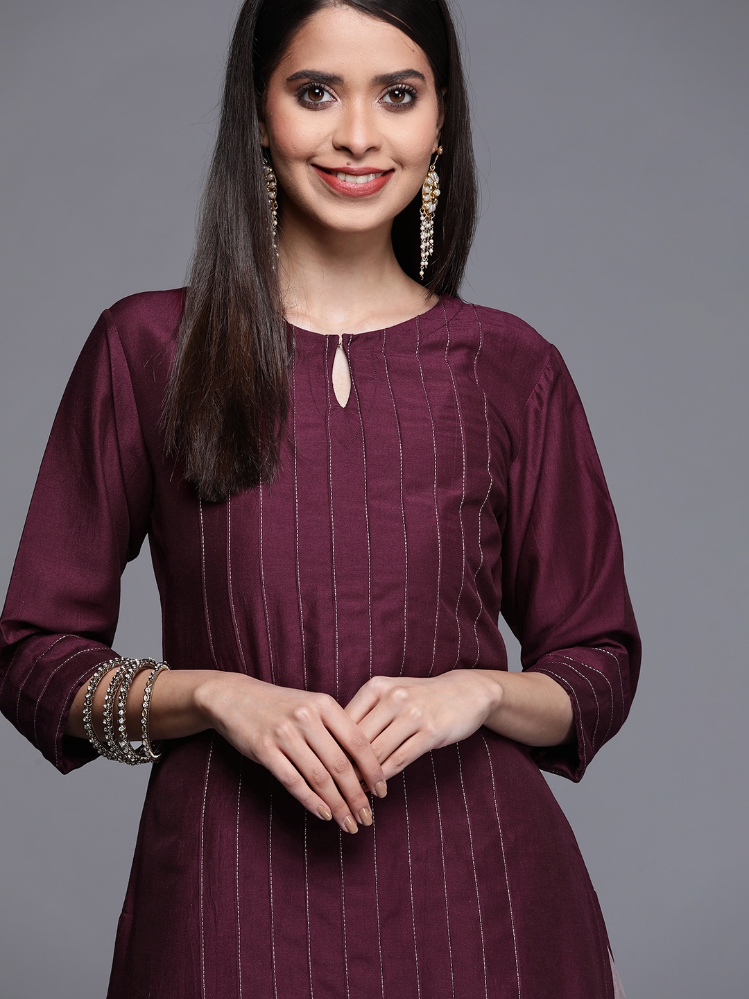 

Libas Women Purple Pintucks Detail Keyhole Neck Straight Kurta