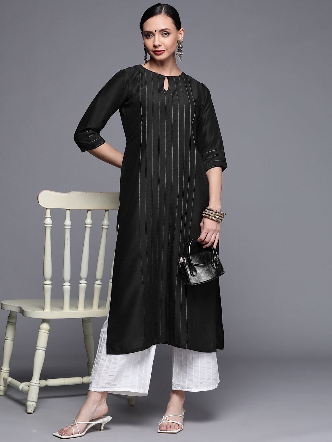 

Libas Women Black Chanderi Silk Kurta