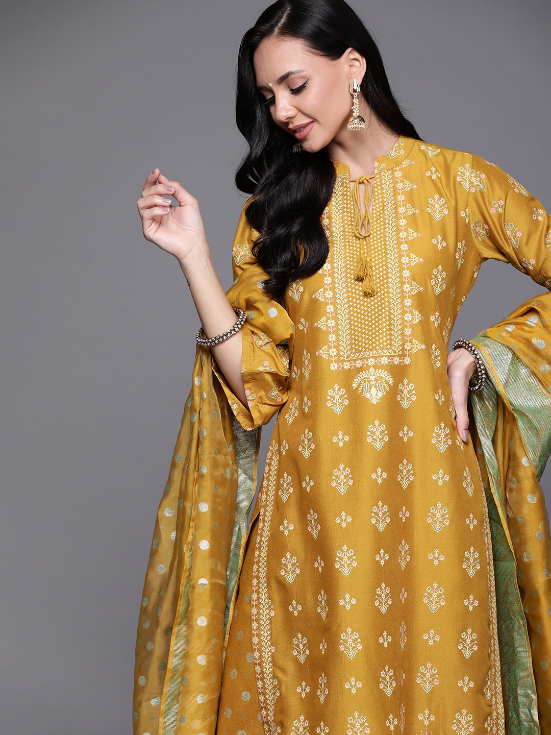 

Libas Women Yellow Floral Printed Regular Kurta with Palazzos & With Dupatta