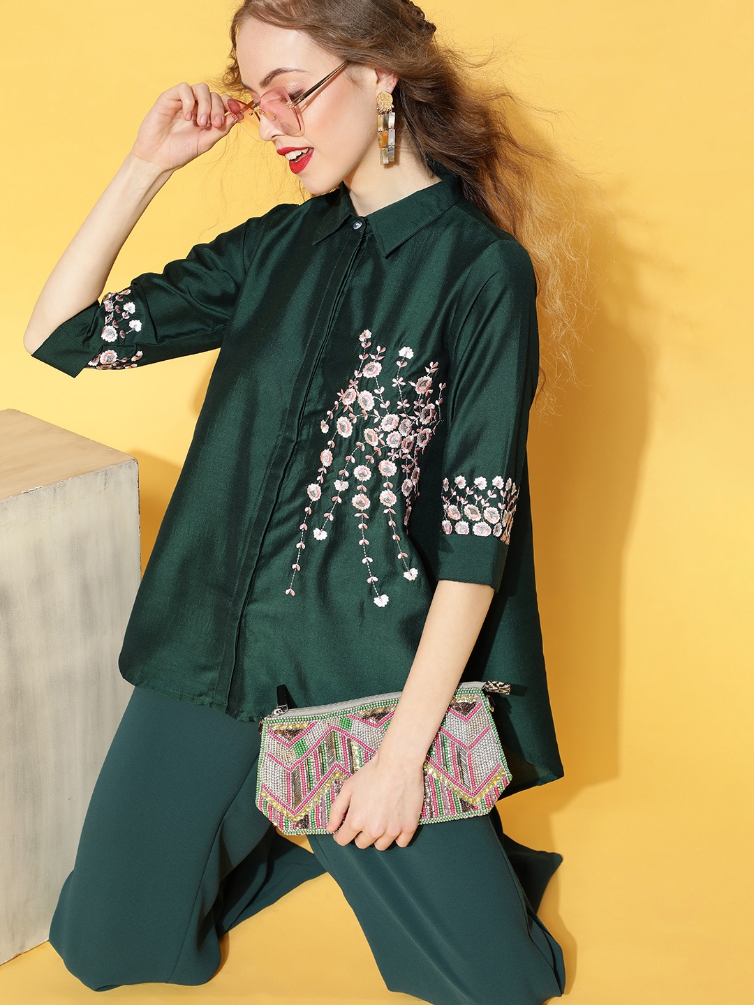 

Libas Women Green Floral Embroidered Opaque Casual Shirt