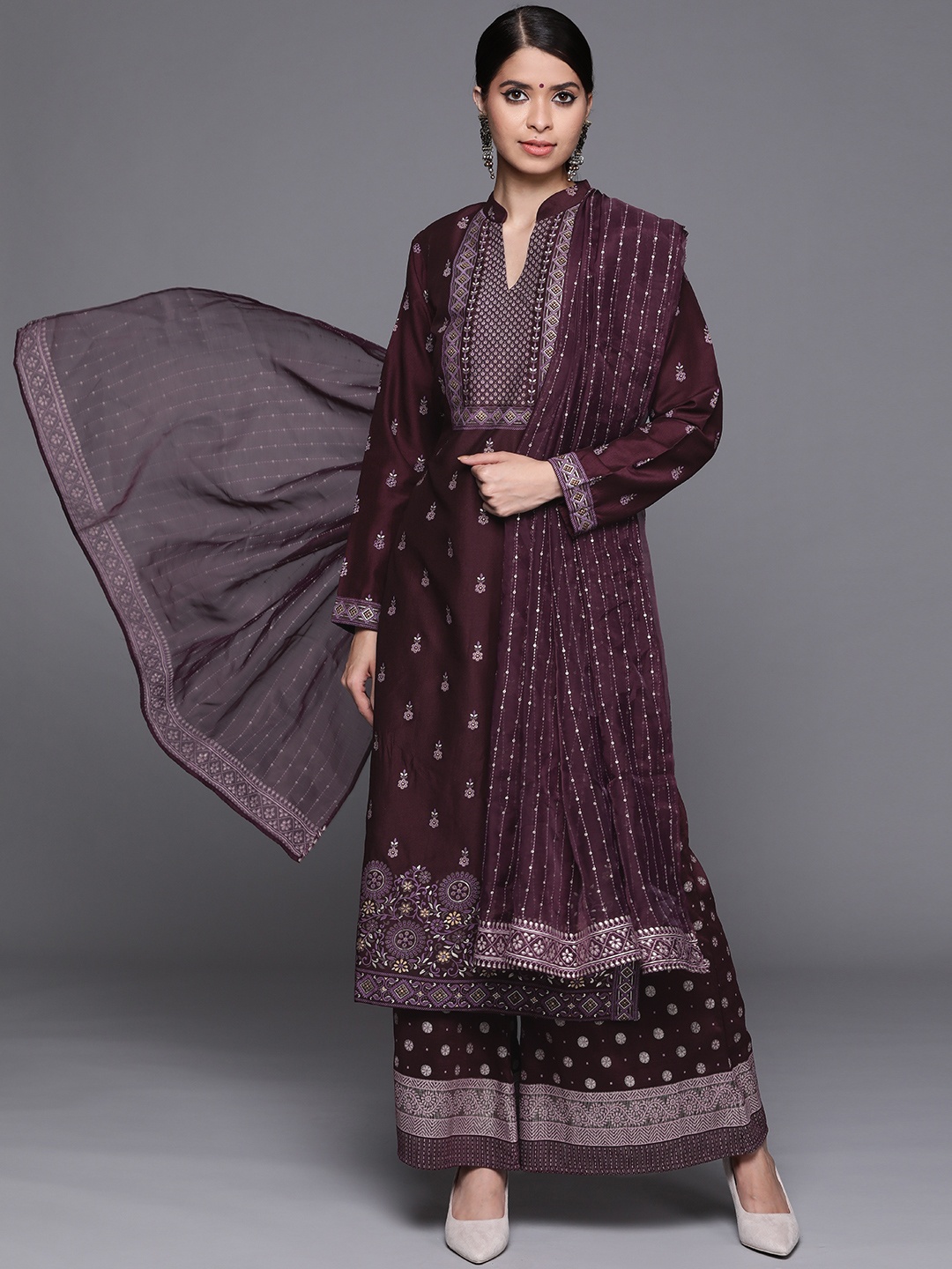 

Libas Women Purple Ethnic Motifs Yoke Design Regular Kurta with Palazzos & With Dupatta