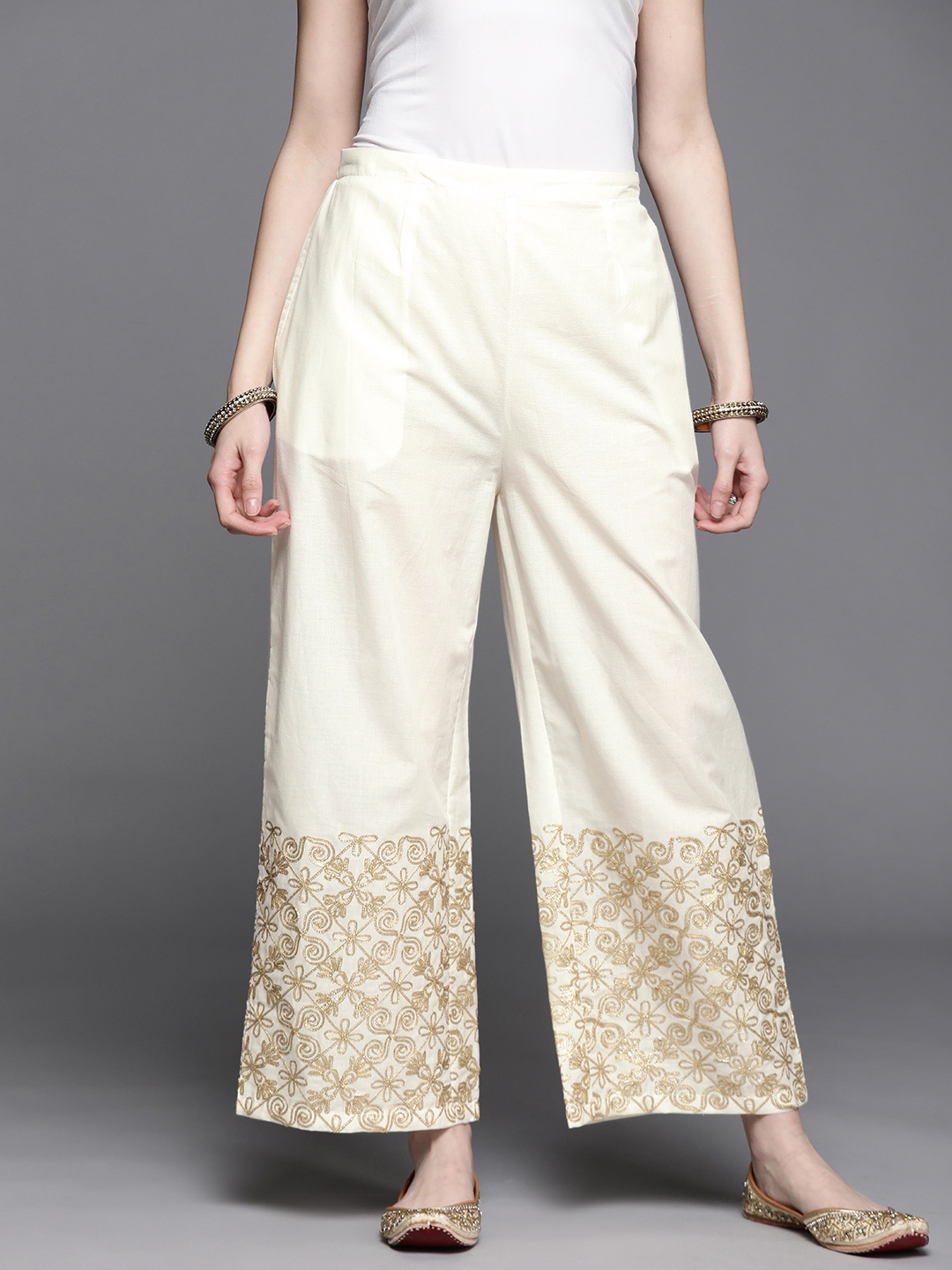 

Libas Women White Ethnic Motifs Hem Design Ethnic Palazzos